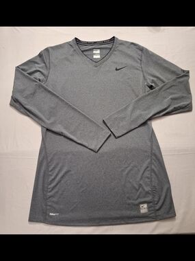 Nike Pro Women's Gray Long-Sleeve Fitted V-Neck Dri-FIT Performance Top, XL